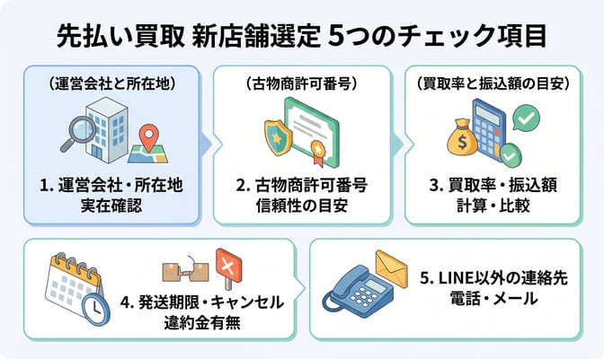 先払い買取の新店舗を選ぶ5つのチェック項目