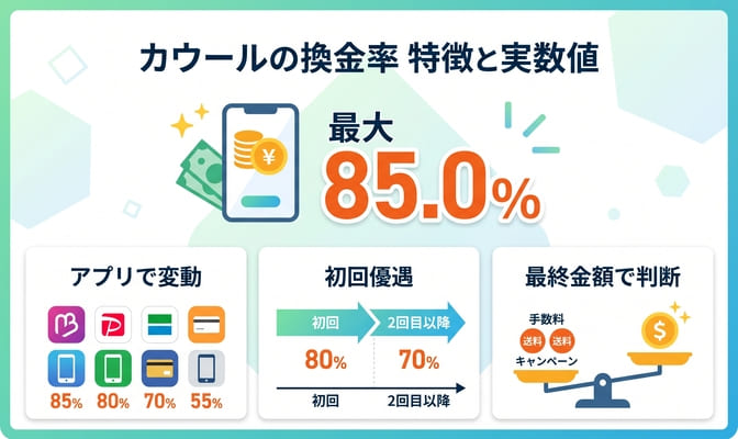 カウールの換金率は最大85%｜アプリ別の実数値